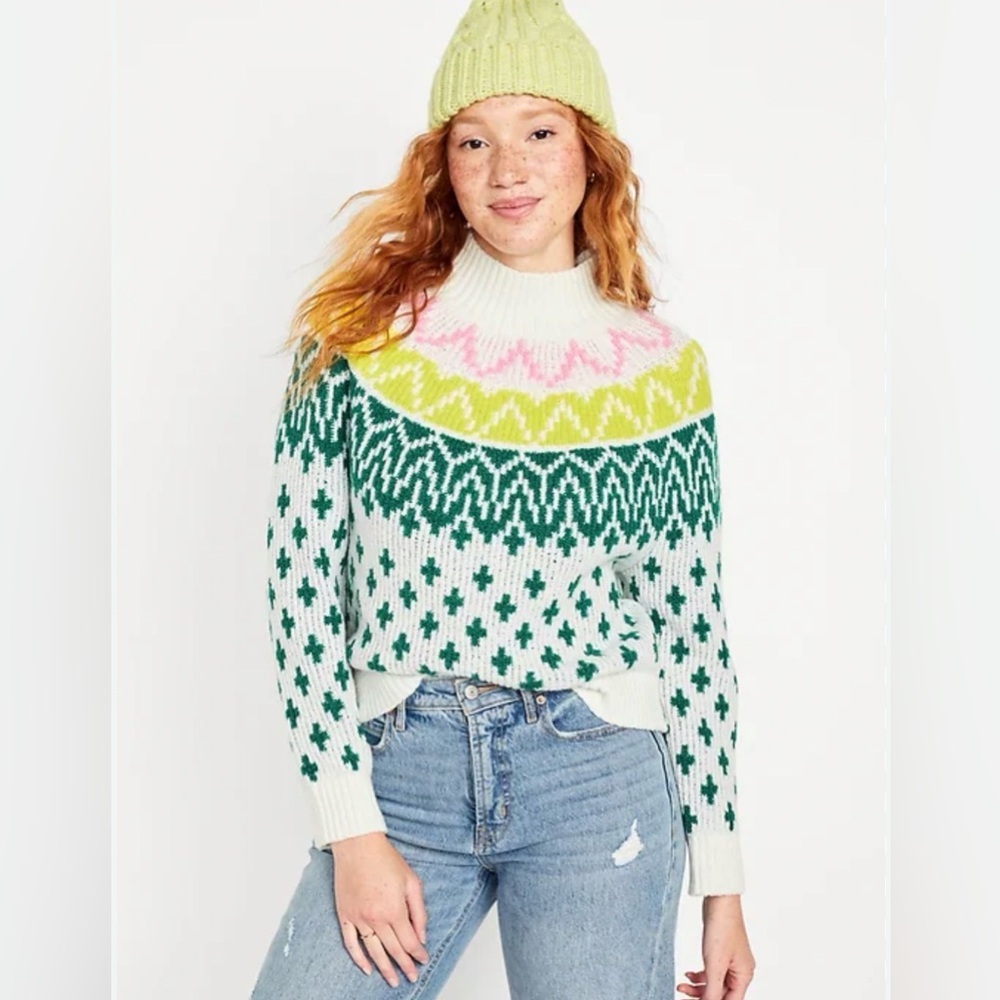Old Navy fair isle warm cozy mock neck cabincore colorful timeless sweater NWT M